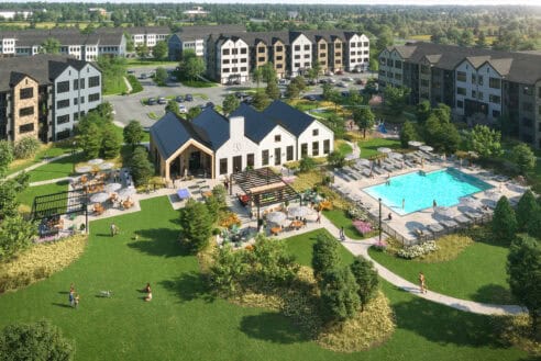 aerial view of apartments and pool