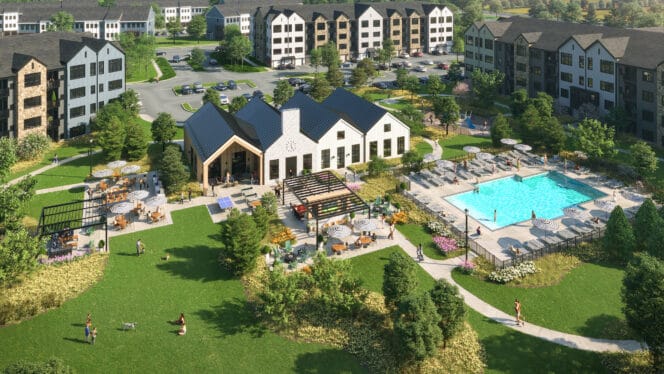 aerial view of apartments and pool